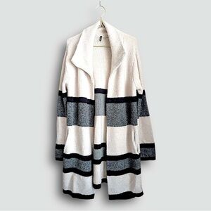 Amanda Green Open Front Collar Striped Colorblock Cozy Slouchy Knit Cardigan